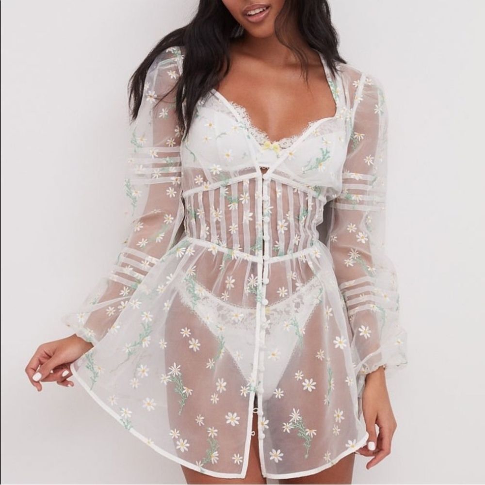 For Love & Lemons White Sheer Daisy-Embroidered Chemise